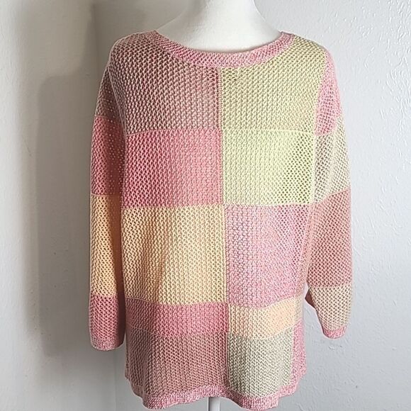 CJ Banks  Pastel Open-Knit Buttondown Sweater, Shades of Pink, Peach,Size X, 14W - Picture 7 of 9